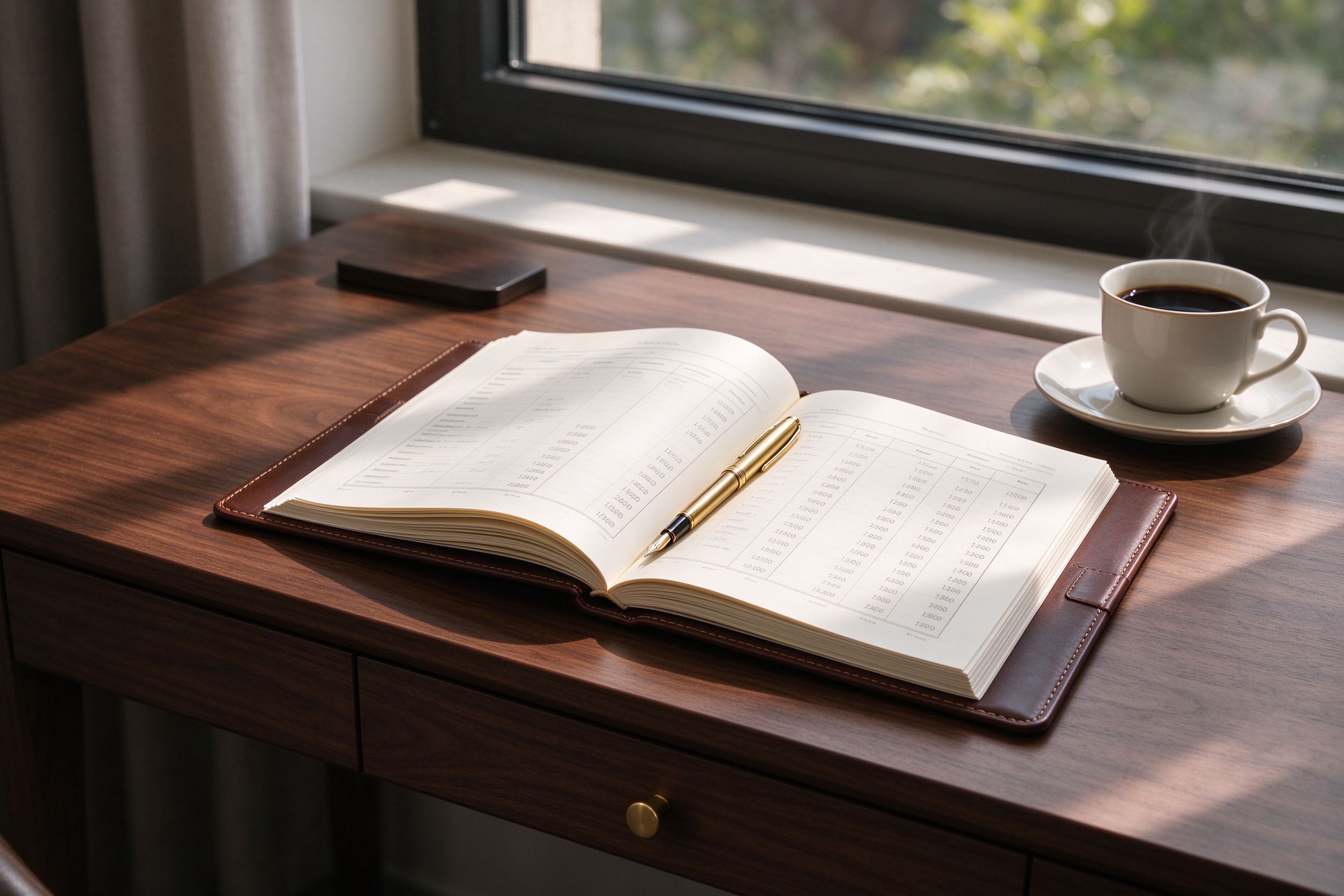 Family office ledger on a walnut desk