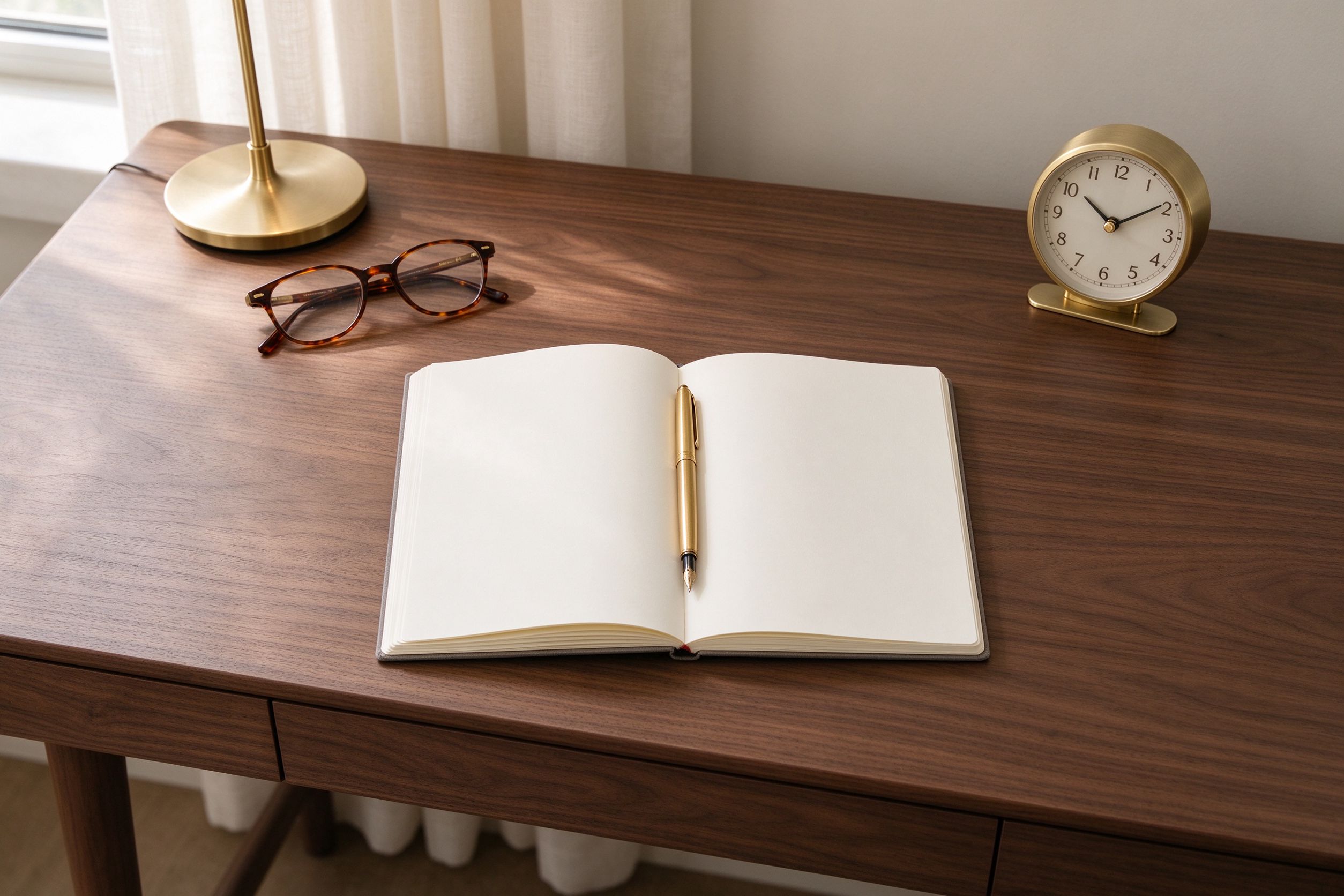 Desk with notebook and fountain pen